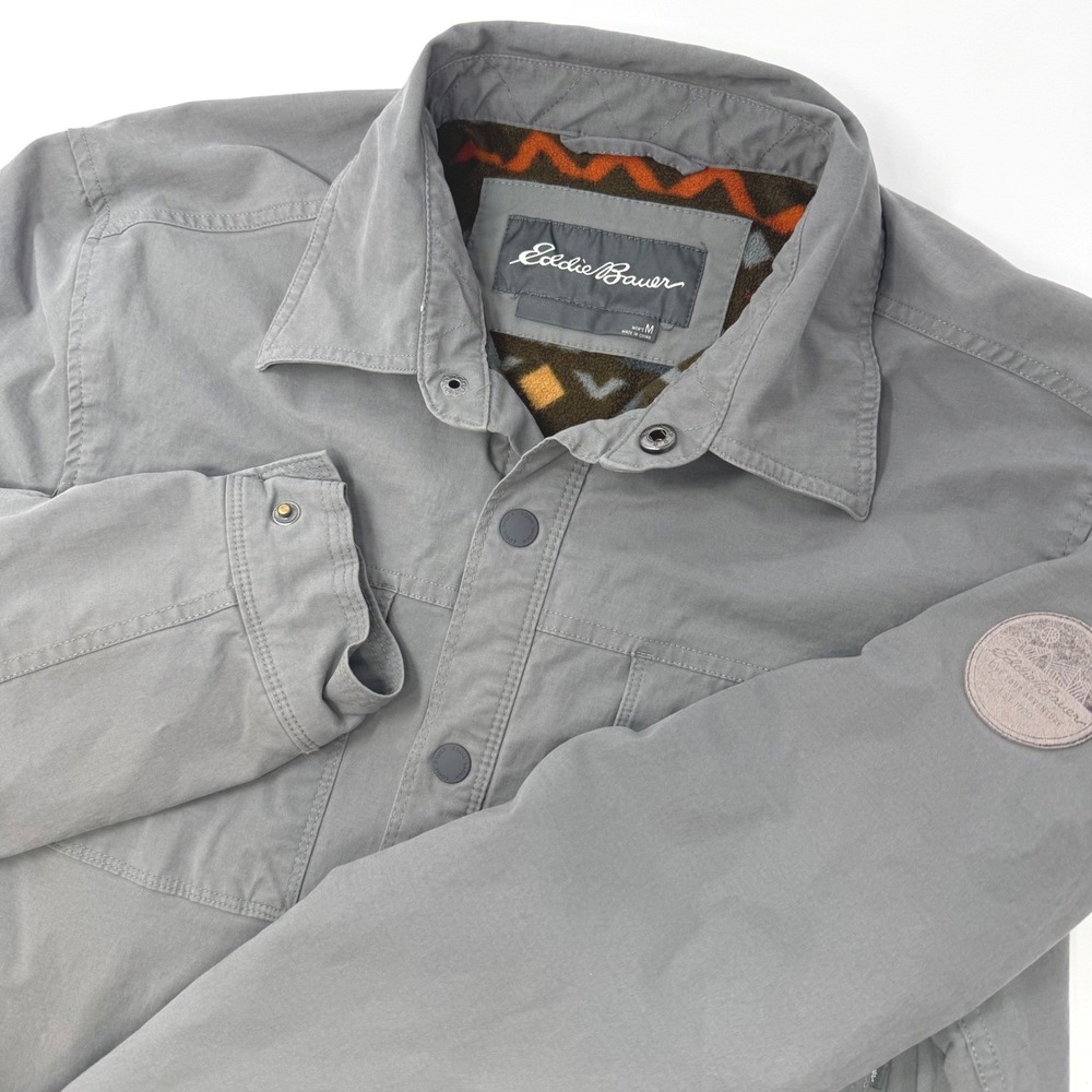 Eddie Bauer Mens Medium Gray Fleece Lined Shirt Jacket Snap Front Geometric